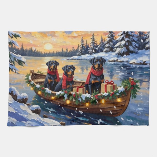 Rottweiler Christmas Boat Holiday Geschirrtuch (Horizontal)