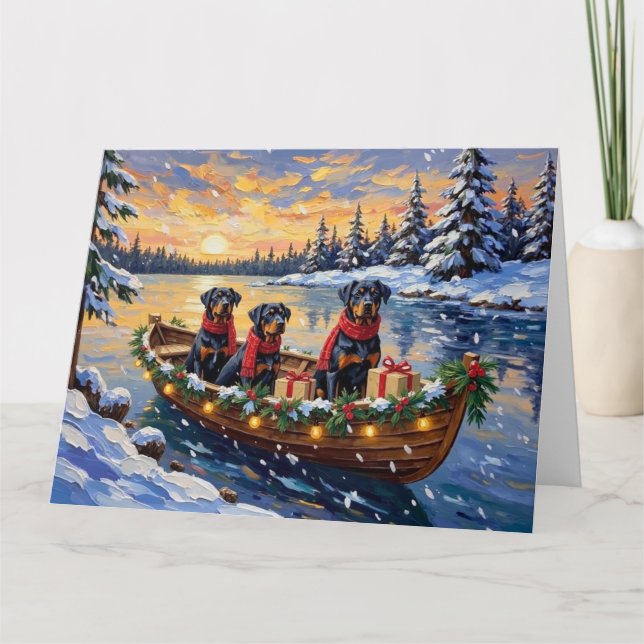 Rottweiler Christmas Boat Holiday Karte (Vorderseite)