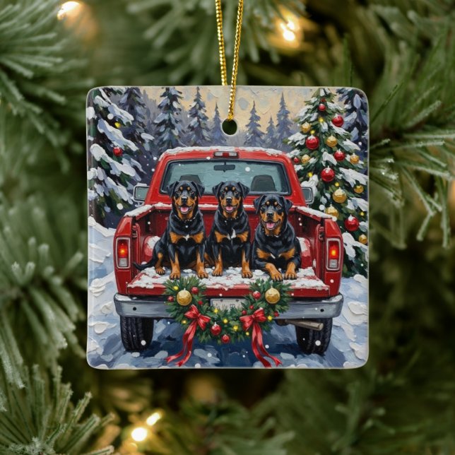 Rottweiler Christmas Red Truck Holiday Keramikornament (Baum)