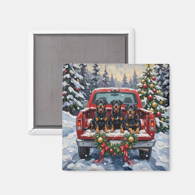 Rottweiler Christmas Red Truck Holiday Magnet (Vorderseite/Rückseite)