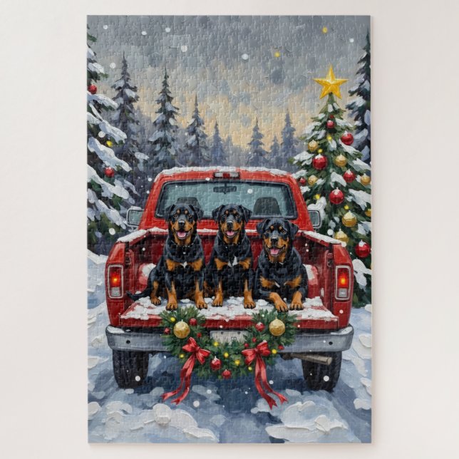 Rottweiler Christmas Red Truck Holiday Puzzle (Vertikal)