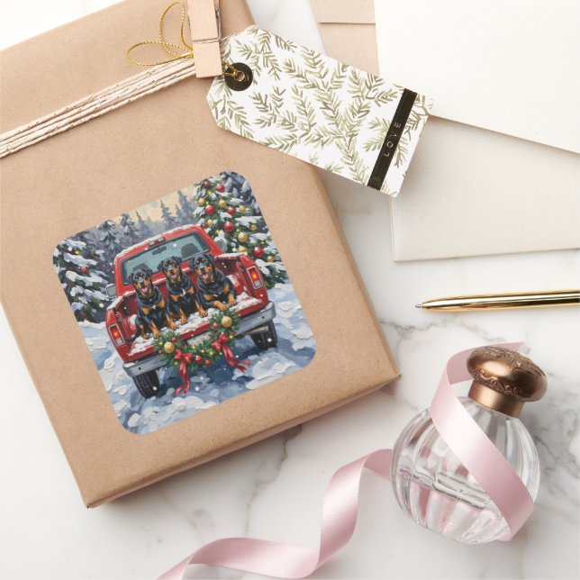 Rottweiler Christmas Red Truck Holiday Quadratischer Aufkleber (Schenken)