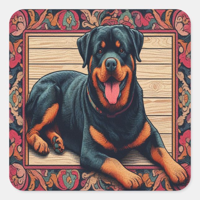 Rottweiler Dog 3D Stilvolle farbenfrohe Grenze Quadratischer Aufkleber (Vorderseite)