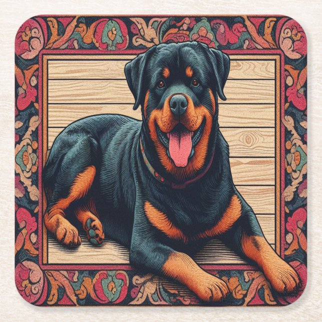 Rottweiler Dog 3D Stilvolle farbenfrohe Grenze Rechteckiger Pappuntersetzer (Vorderseite)