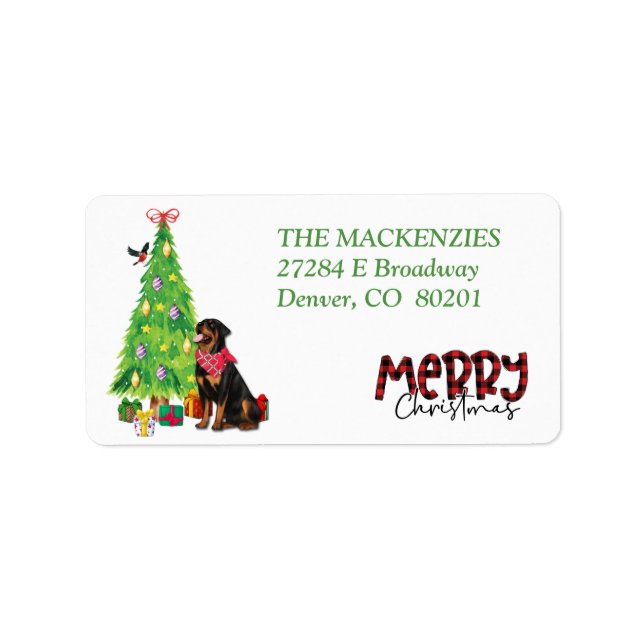 Rottweiler Dog, Bird, Holiday Tree Rücksendeadress Adressaufkleber (Vorne)