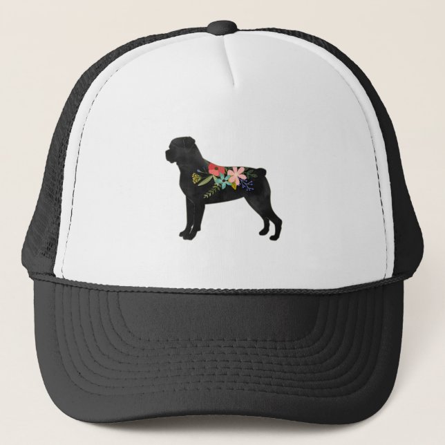 Rottweiler Dog Breed Boho Floral Silhouette Truckerkappe (Vorderseite)