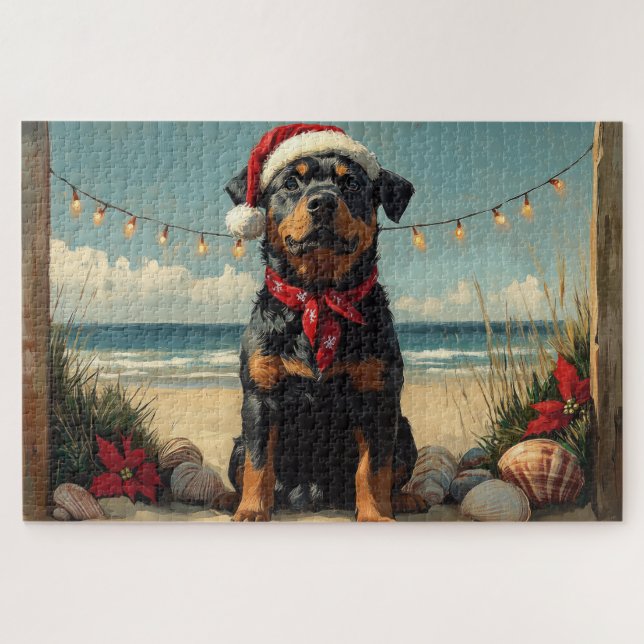 Rottweiler Dog Christmas Vintag Beach Puzzle (Horizontal)