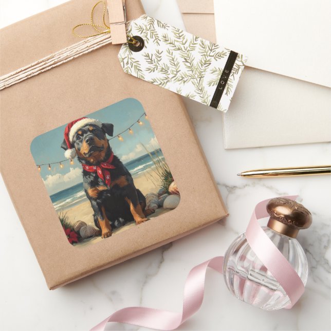 Rottweiler Dog Christmas Vintag Beach Quadratischer Aufkleber (Schenken)