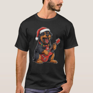 Rottweiler Dog Playing Guitar Santa Hat Xmas Chris T-Shirt