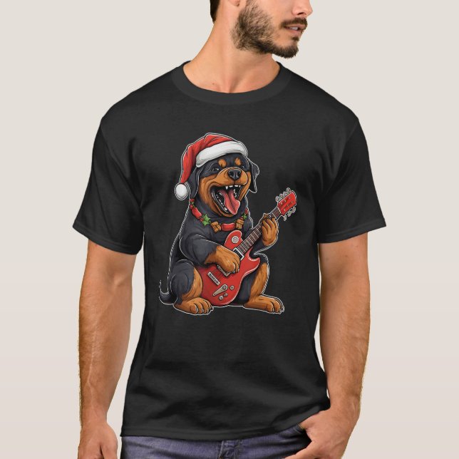 Rottweiler Dog Playing Guitar Santa Hat Xmas Chris T-Shirt (Vorderseite)