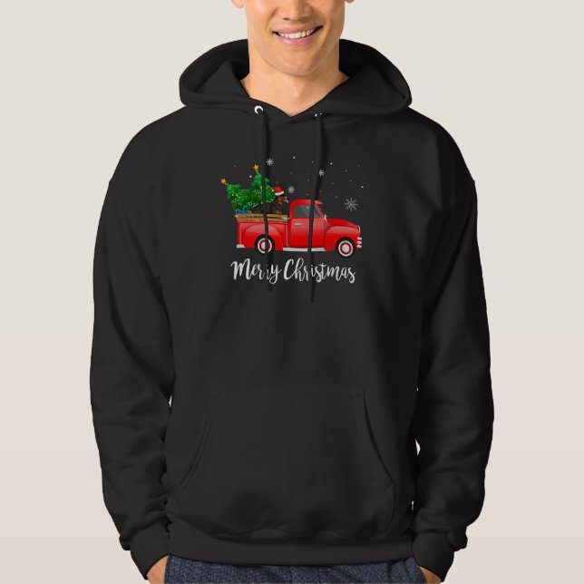 Rottweiler Dog Riding Red Truck Weihnachten Hoodie (Vorderseite)