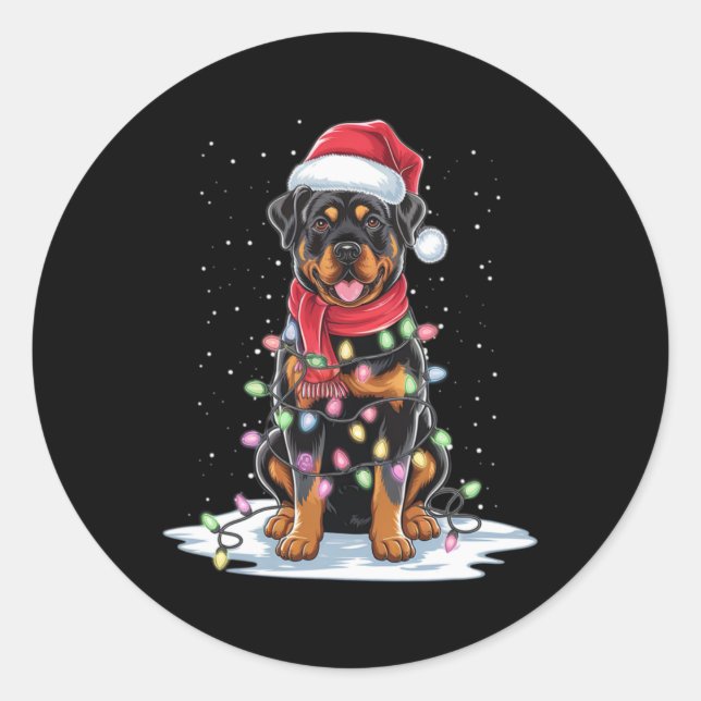 Rottweiler Dog Santa Hat Christmas Tree Light Xmas Runder Aufkleber (Vorderseite)