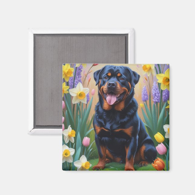 Rottweiler Dog Spring Flowers Malerei Magnet (Vorderseite/Rückseite)