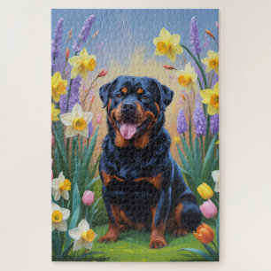 Rottweiler Dog Spring Flowers Malerei Puzzle