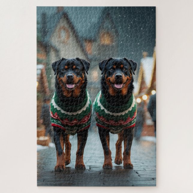 Rottweiler Dogs Christmas Snow Holiday Puzzle (Vertikal)