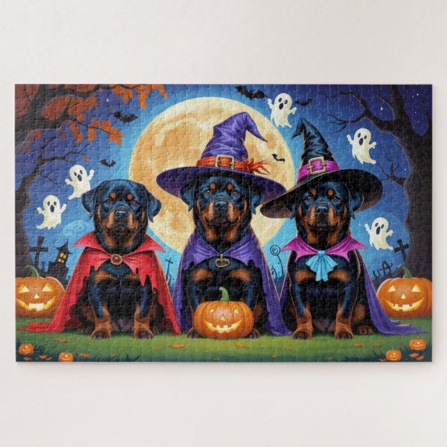 Rottweiler Dogs Pumpkin Halloween Funny Puzzle (Horizontal)