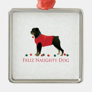 Rottweiler Feliz Naughty Dog Christmas Design Silbernes Ornament