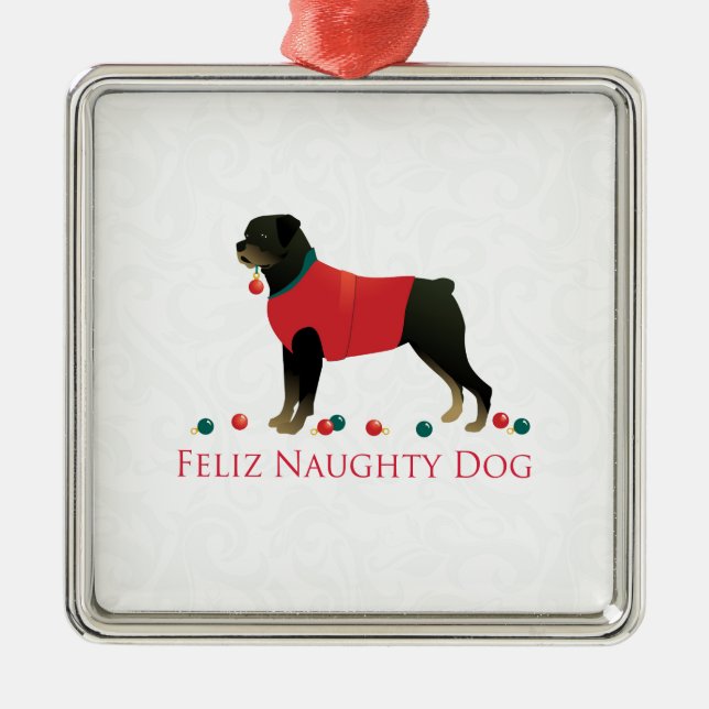 Rottweiler Feliz Naughty Dog Christmas Design Silbernes Ornament (Vorne)