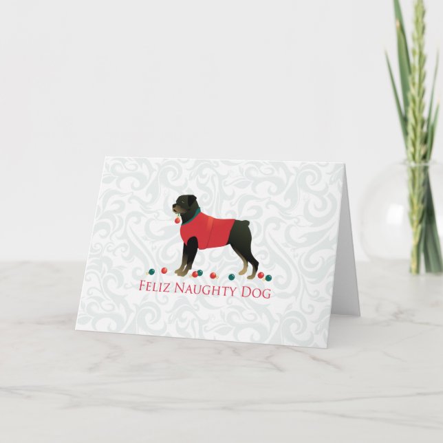 Rottweiler Feliz Naughty Dog Weihnachtsdesign Feiertagskarte (Vorderseite)