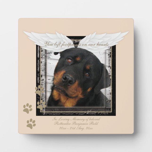 Rottweiler Foto Memorial Angel Wings Paw Prints Fotoplatte (Vorderseite)