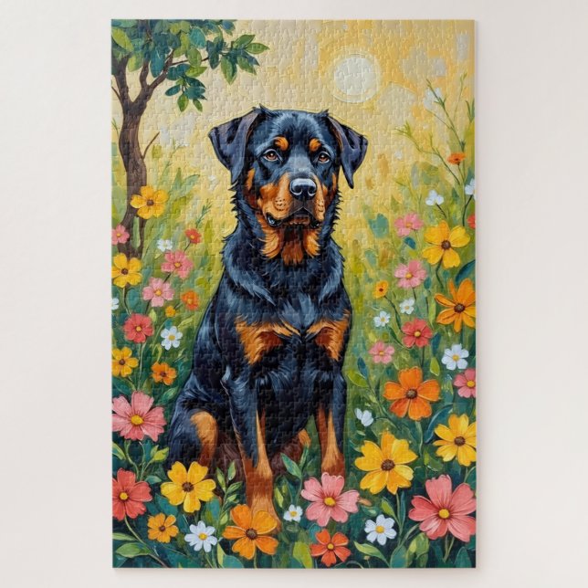 Rottweiler Frühlingsgarten Blumen Hund Puzzle (Vertikal)