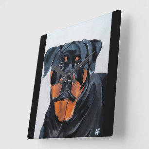 Rottweiler-Gemälde von Alfred Fox Quadratische Wanduhr