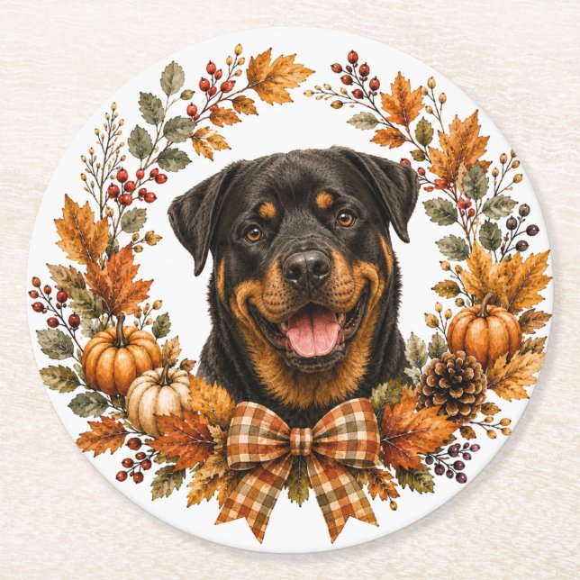 Rottweiler-Herbstkranz-Untersetzer Runder Pappuntersetzer (Vorderseite)