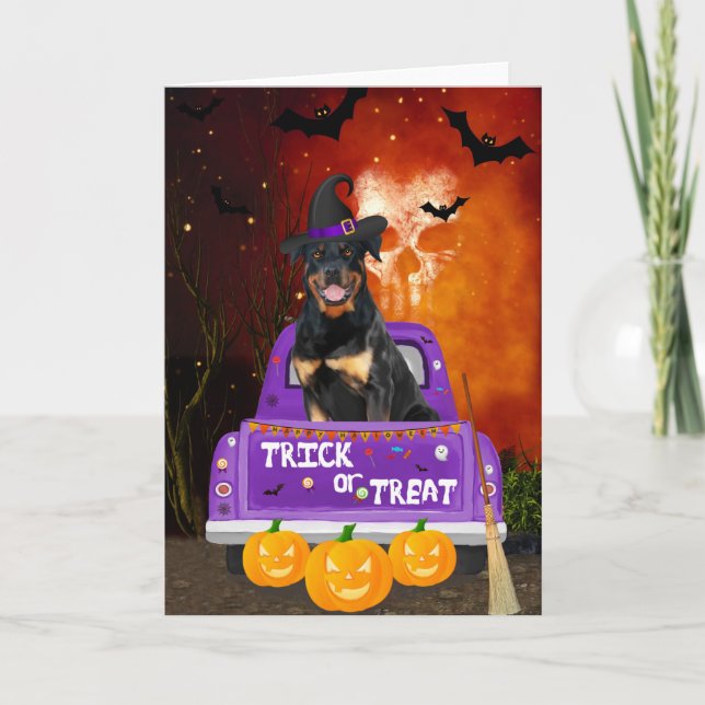 Rottweiler Hund im Halloween-LKW Karte (Vorderseite)