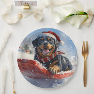 Rottweiler-Hund im Schlitten Lass es schneien Weih Pappteller