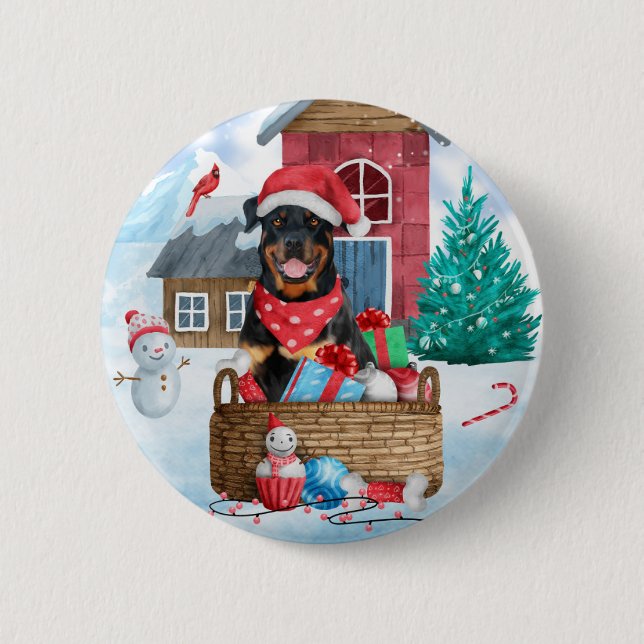 Rottweiler Hund im Schnee Weihnachtshaus Button (Vorderseite)
