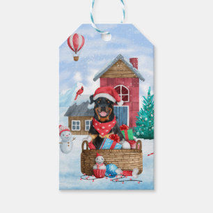 Rottweiler Hund im Schnee Weihnachtshaus Geschenkanhänger