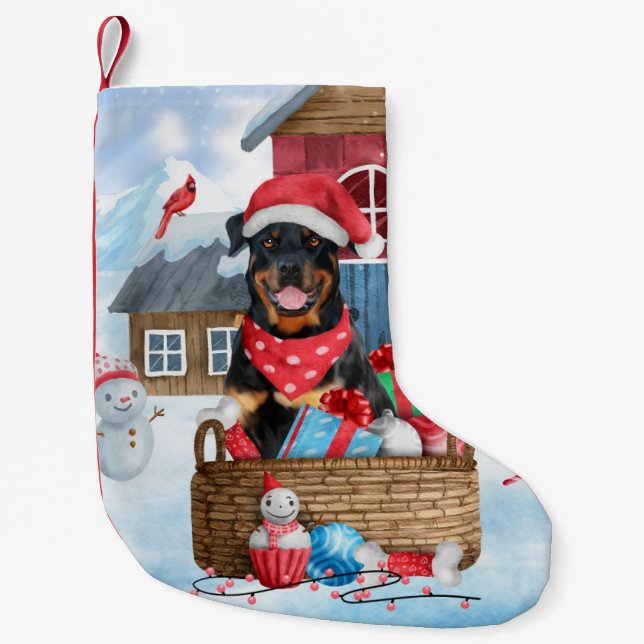 Rottweiler Hund im Schnee Weihnachtshaus Kleiner Weihnachtsstrumpf (Vorderseite)