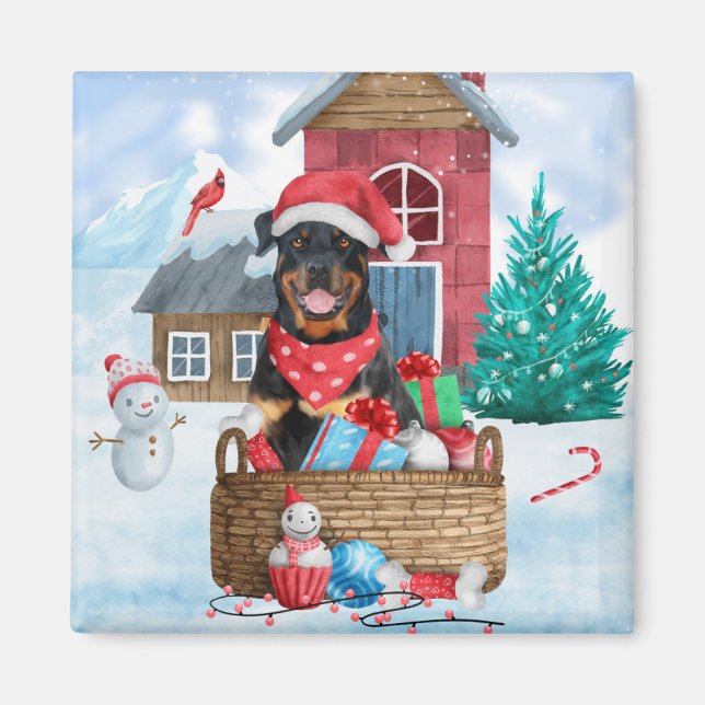 Rottweiler Hund im Schnee Weihnachtshaus Magnet (Vorne)
