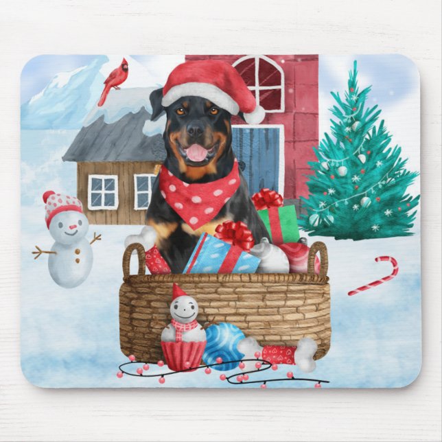 Rottweiler Hund im Schnee Weihnachtshaus Mousepad (Vorne)