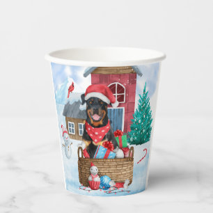Rottweiler Hund im Schnee Weihnachtshaus Pappbecher