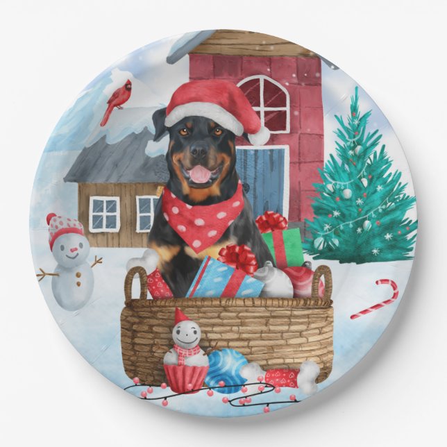 Rottweiler Hund im Schnee Weihnachtshaus Pappteller (Vorderseite)