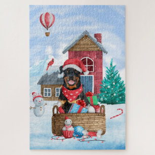 Rottweiler Hund im Schnee Weihnachtshaus Puzzle