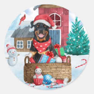 Rottweiler Hund im Schnee Weihnachtshaus Runder Aufkleber