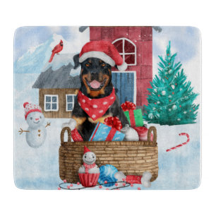 Rottweiler Hund im Schnee Weihnachtshaus Schneidebrett
