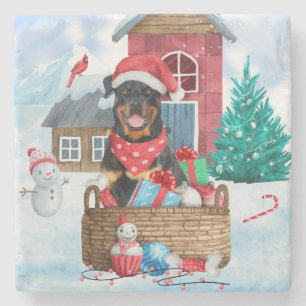 Rottweiler Hund im Schnee Weihnachtshaus Steinuntersetzer