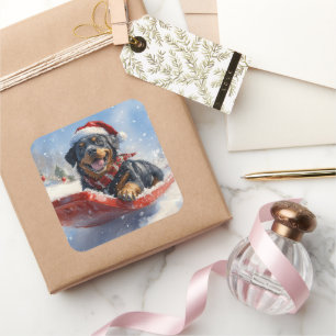 Rottweiler Hund in Sledge Let it Schnee Weihnachte Quadratischer Aufkleber