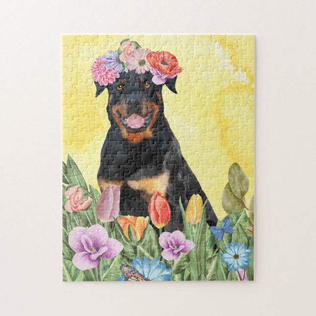 Rottweiler Hund mit Blume Frühjahr Puzzle (Vertikal)