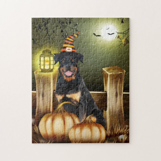 Rottweiler Hund mit Hexenhut Halloween Puzzle (Vertikal)