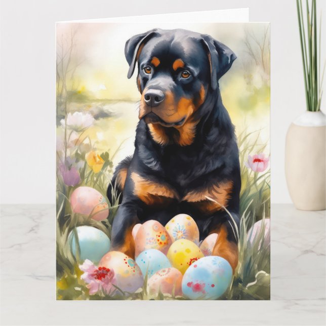 Rottweiler Hund mit Ostereiern Urlaub Karte (Vorderseite)