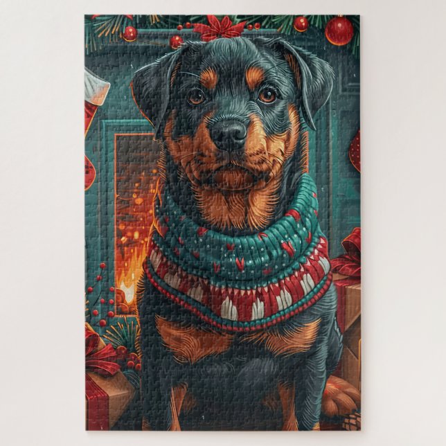 Rottweiler Hund mit Weihnachtsgeschenken Feuerplat Puzzle (Vertikal)