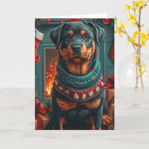 Rottweiler-Hund mit Weihnachtsgeschenken Kamin Karte