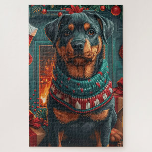 Rottweiler-Hund mit Weihnachtsgeschenken Kamin Puzzle