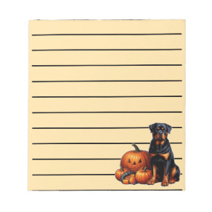 Rottweiler Hund sitzend von Halloween Pumpkins Lin Notizblock
