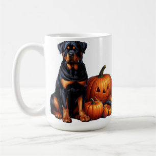 Rottweiler-Hund sitzt neben Halloween-Kürbissen Kaffeetasse