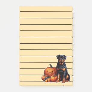 Rottweiler-Hund sitzt neben Halloween-Kürbissen Post-it Klebezettel